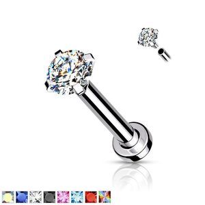 CZ Prong Set Top Internally Threaded Micro Base 316L Surgical Steel Labret, Flat